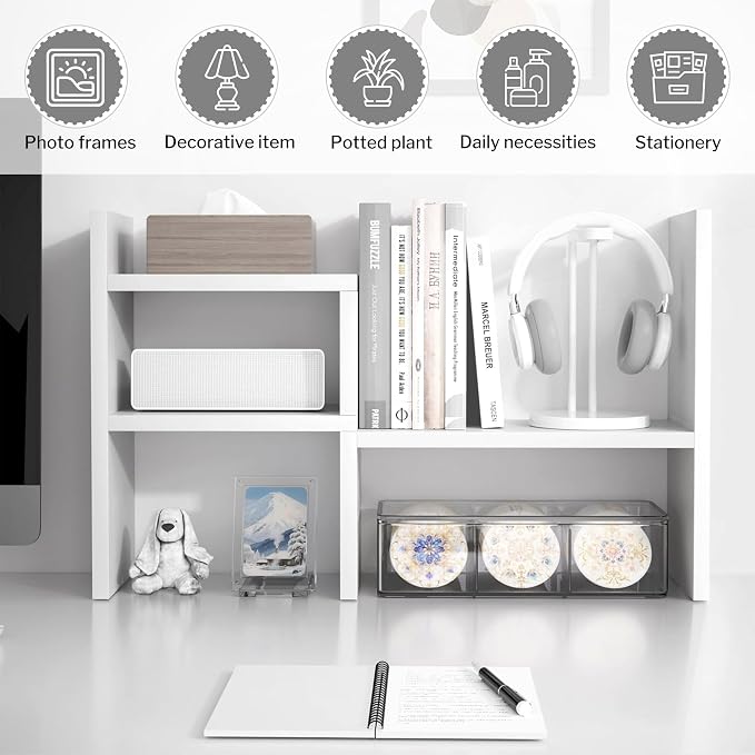 Jerry & Maggie Desktop Organizer Office Storage Rack Adjustable Wood Display Shelf Birthday Gifts Toy Home Decor Free Style Rotation Display True Natural Stand Shelf White 2 Pack