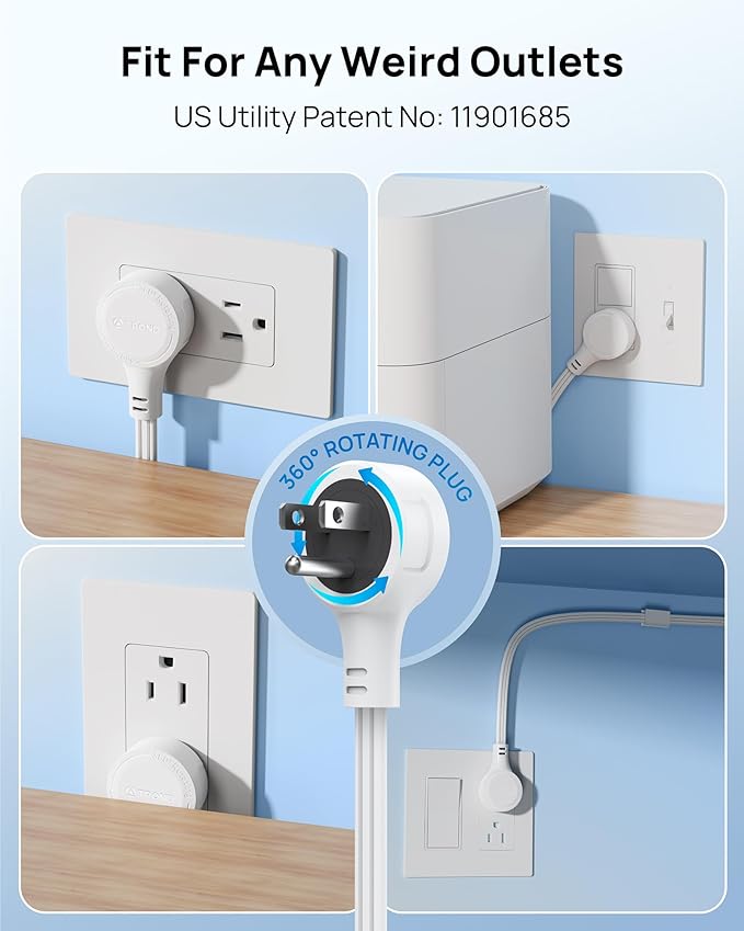 TROND Electrical Outlet Extender 360° Rotating Plug with 20W USB C, 10ft Extension Cord, Wall Plug Adapter with 3 AC Outlets, Access Hard-to-Reach Outlets Use Behind Couches, Desk, White