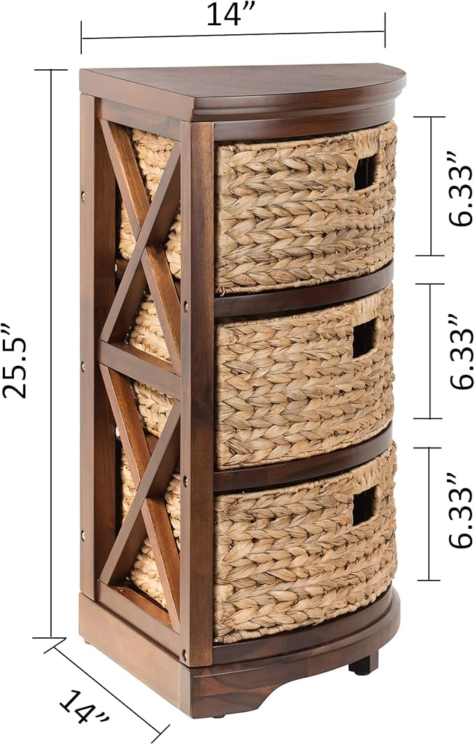 eHemco Hampton Meadows 3 Tier X-Side Corner Table Storage Cabinet with 3 Wicker Baskets, Walnut