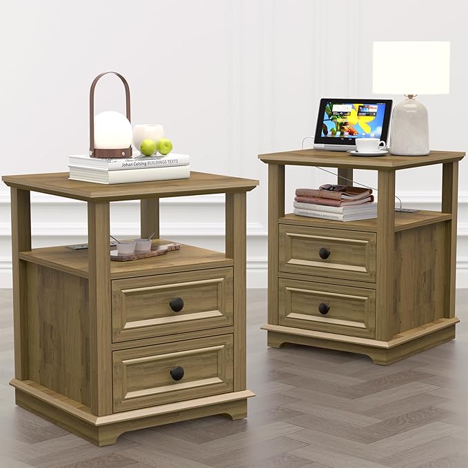 REDAYFUR 18" Wide End Table with Charging Station Set of 2, Fast Charge End Table Set of 2, Large 18” Bedside Table with Drawers, Storage Cabinet with Open Shelf for Bedroom, Natural