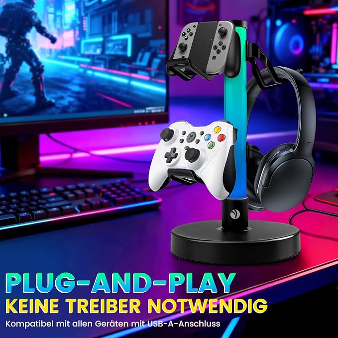 VCOM Headphone Stand with 17 Light Modes, Gaming Controller Holder with Remote Control, PC Gaming Accessories for Desk, Universal Organizer Headpsets/Xbox/PS5 Headset Stand Gamer Gifts