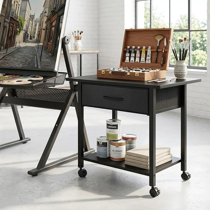22" x 15" Under Desk Rolling Printer Stand, 2-Tier Industrial Mobile Printer Table with Strong Fabric Drawer, Storage Shelf, Steel Frame and Lockable Wheels, Printer Cart for Home Office (Black)
