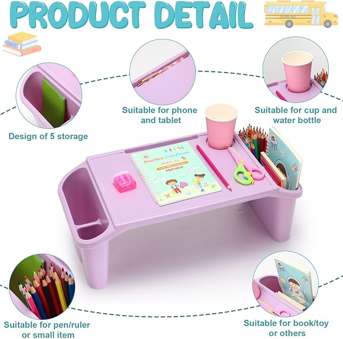 Beeveer 8 Pcs Kids Lap Desk Tray Bulk 19.7x9.6x7.1in Portable Lap Tray for Kids Plastic Table with Side Storage Space for Bed Classroom Laptop Children Car Activity Eating Floor (Cute Colors)