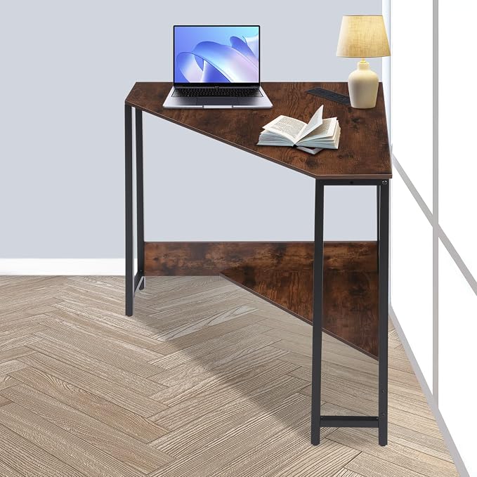 Corner Desk with Outlets and USB Ports, 26.77x26.77x29.53in Triangle Desk with Storage for Home Office, Workstation, Living Room, Bedroom, Small Space (Brown)