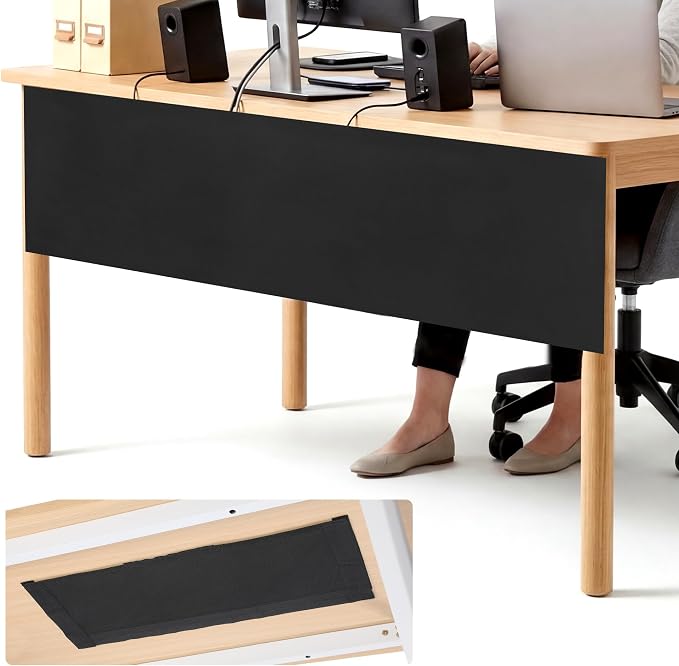 MABOZOO Under Desk Privacy Panel with Management Net, Self Adhesive Desk Skirt with Cord Organizer for Home Office, Standing Desk, Wire Management Under Desk Accessories (Black)