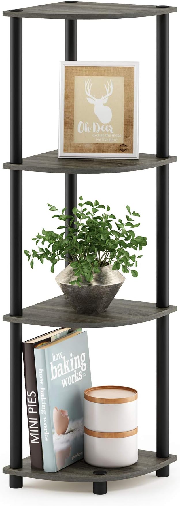 Furinno Turn-N-Tube Toolless Assembly 4-Tier Corner Shelf, Grey Corner Book Shelf, Open Shelves Bookshelf, for Organization and Storage, Living Room, Home Office, Bedroom, Grey Oak