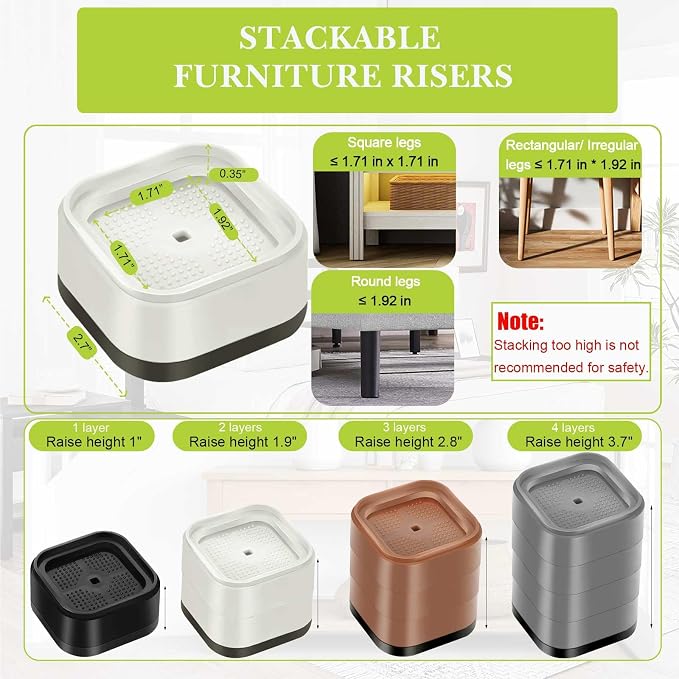 6 Pack Furniture Risers 3 Inch, Adjustable Bed Risers Heavy Duty for Table Desk Couch Chair Sofa Cabinet Bed Legs Dorm, Square Stackable Bed Raisers Blocks Lift Height 1", 2",3"or 4", White