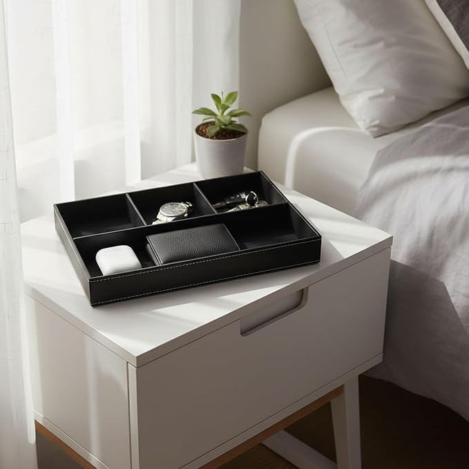 Leather Valet Tray Organizer, Stackable Nightstand & Dresser Storage Tray, Entryway Desk Catchall Tray for Keys Wallet Watch Phone, Bedside Desktop PU Leather Drawer Caddy Tray - Black