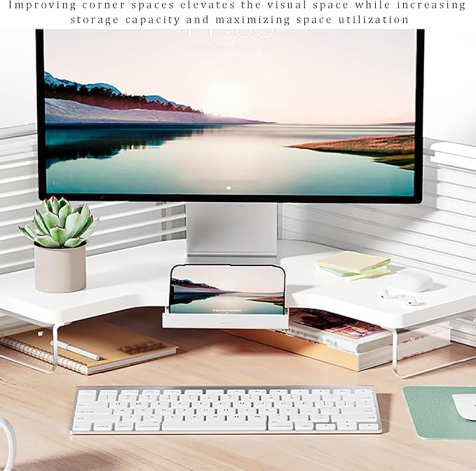 SAZDFY Wooden Corner Monitor Stand, Office Desktop L-Shape Desk Triangle Riser Space Saving Corner Organizer with Drawer, Office Desktop Shelf Organizer for Laptop/Computer, White