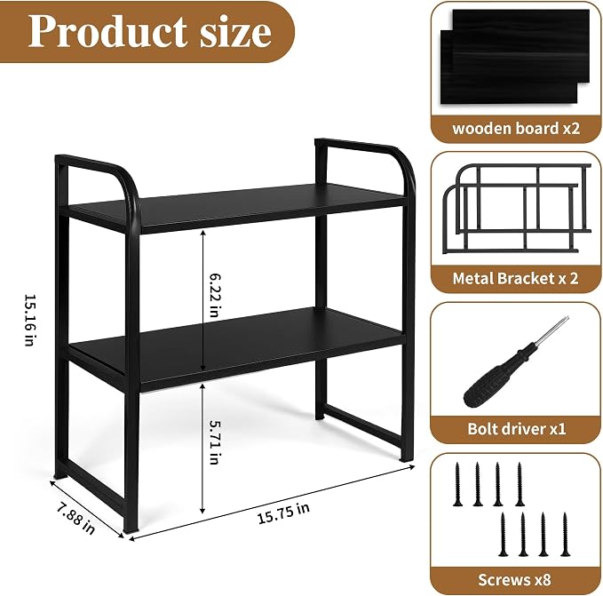 Desktop Shelf Organizer 2-Tier Office Desk Shelf for Top of Desk Wood & Metal Bookshelf Supplies Storage Rack (Black)