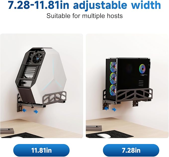 Pholiten Clamp-on Desk Extender PC Desk Mount Holder，Universal PC Wall Mount,7.28 to11.8 inch Wide Gaming Computer Case Stand，Capacity Weight 66lbs