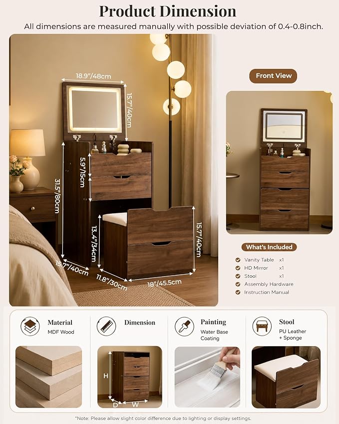 Small Vanity with Mirror and Lights for Small Space, 3-in-1 Compact Makeup Vanity Desk with Storage, Flip Top Vanity Table with Hidden Stool, 3 Color Mode, Drawers & Jewelry Organizer, Mini Vanity Set