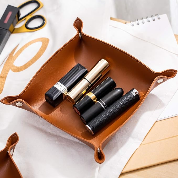 Leather Jewelry Valet Tray for Women and Man, Portable Entryway Table Tray Bedside Nightstand Desk Tray Small Catchall Travel Dish Plate for Key,Wallet,Watch,Coin (2PCs Brown-B)
