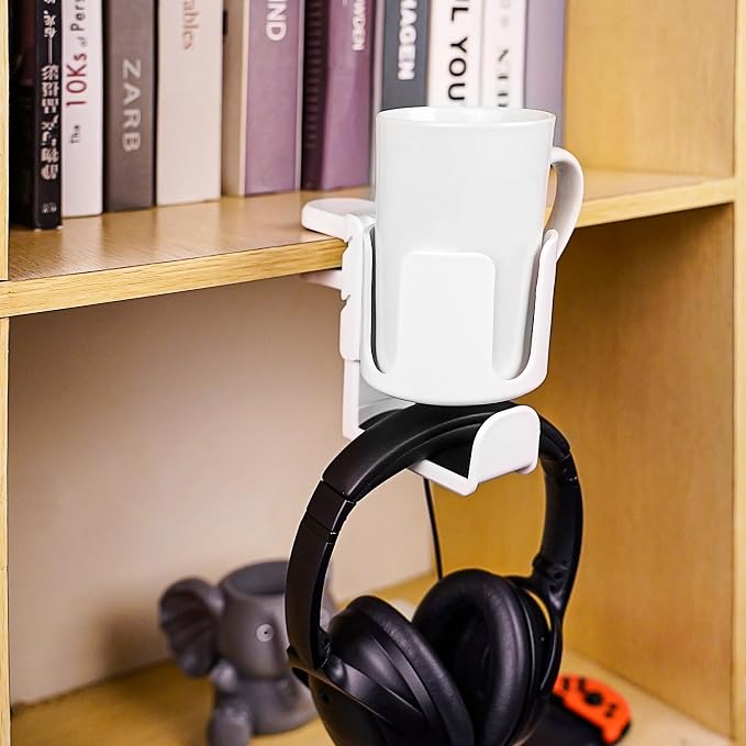 Geekria 2 in 1 Headphone Hanger&Desk Cup Holder, Under Desk Clamp Rotatable Headset Compatible with Sennheiser, Bose, Beats, Razer, HyperX, Sony, Suitable for Coffee Mugs, Water Cups (White)