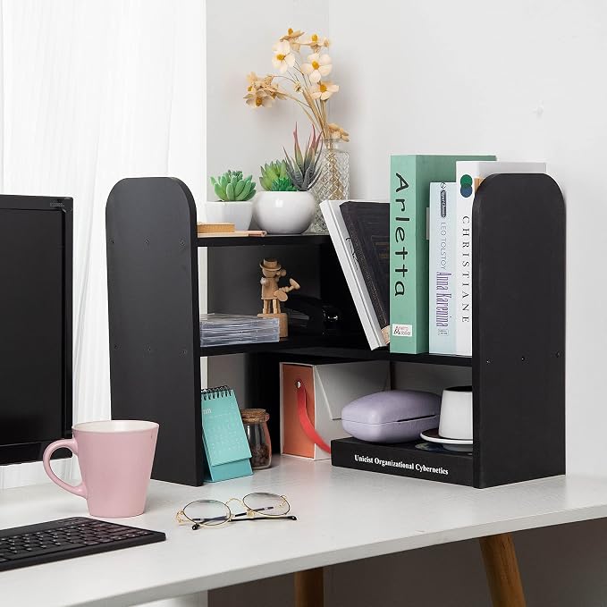 Desktop Adjustable Natural Wood Book Shelf Organizer Office Storage Rack Display Stand Caddy Set Expandable Desk Organizer (Black)