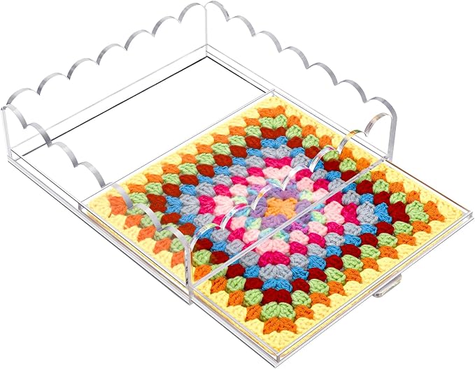 Scalloped Acrylic Tray, 9" x 9" Clear Acrylic Tray with Drawer for Insert Needlepoint, Customizable Photos, Art, Fabric, Napkin, Jewelry Organizer, Modern Desk Decor Gift