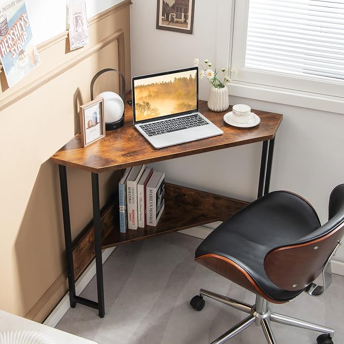 GOFLAME Corner Desk with Power Outlet, Triangle Computer Desk for Small Space, Space-Saving Writing Desk with Storage Shelf and Charging Station, Modern Laptop PC Desk for Home Office, Rustic Brown