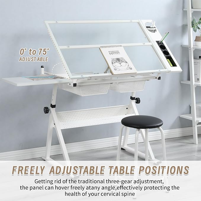 Adjustable Tempered Glass Drafting Table, 0-75° Tilting Art Desk with Multi-Storage Drawers & Trays, Height Adjustable 27.1"-35.8" Drawing Table with Chair, White