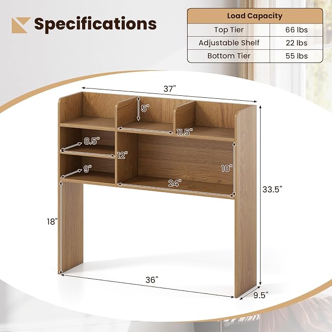 Giantex Desktop Bookshelf, 37" Desk Hutch Dorm for Computer Up to 32 Inch, Countertop Hutch w/6 Storage Shelves, 3-Tier Desktop Organizer Display Rack, Wood Desk Shelf for Home Office (Natural)