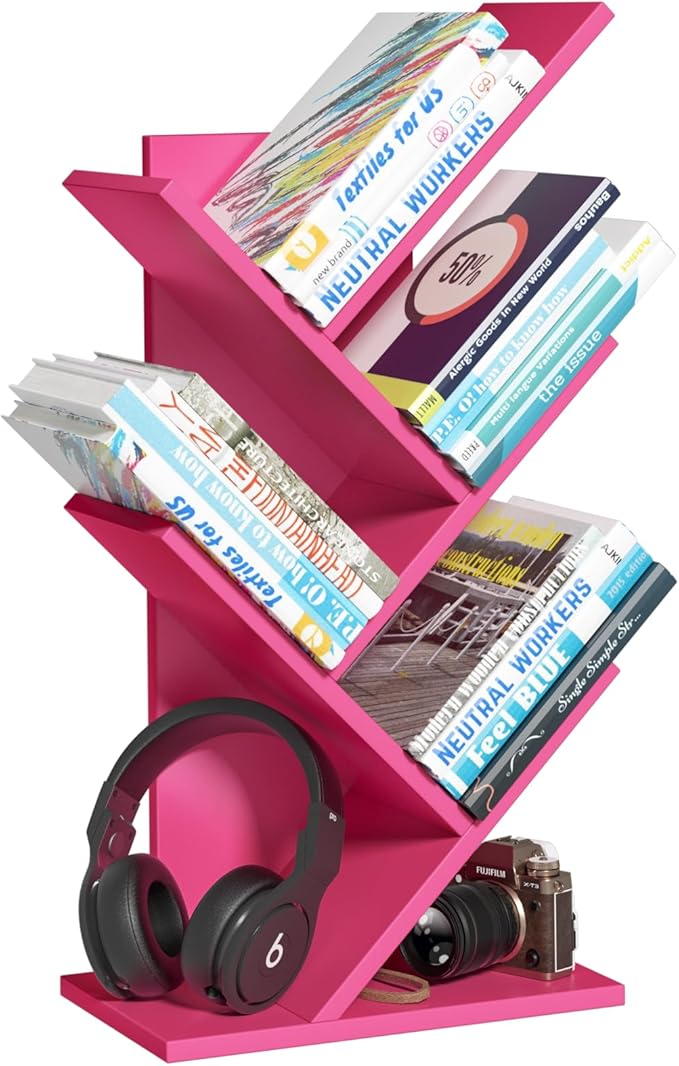 SHEEPAM 5 Tier Tree Book Shelf, Small Desktop Bookshelf with Storage Organizer, Wood Bookcase, Desk Display Bookshelves, Floor Standing Organizer Bookcases for Living Room,Bedroom,Office-Pink