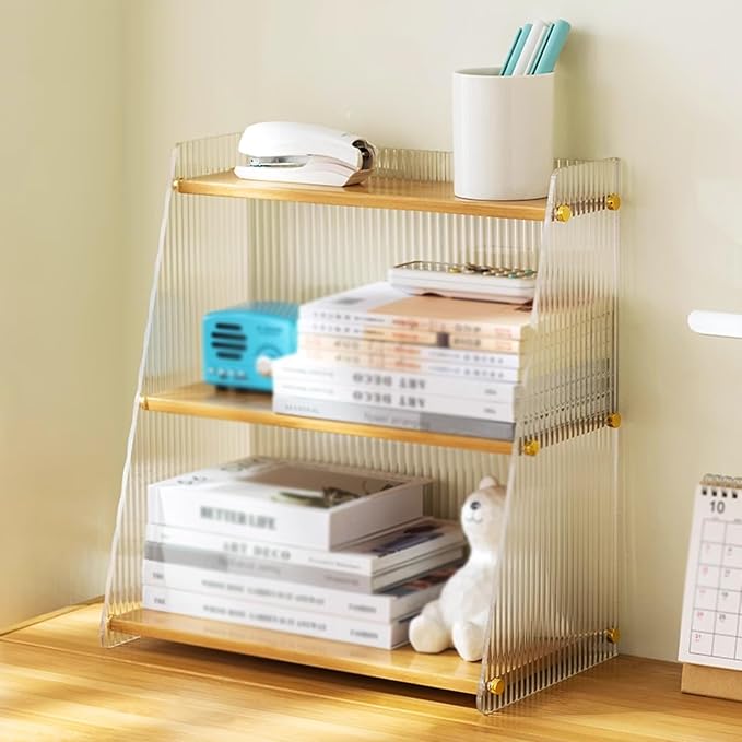 Desk Shelf for Top of Desk Bamboo for Small Space, Desktop Bookshelf with Trapezoidal Design, Desktop Organizer Office Storage Rack for Office Dormitory Home ( Color : Primary color , Size : 51*21*40c