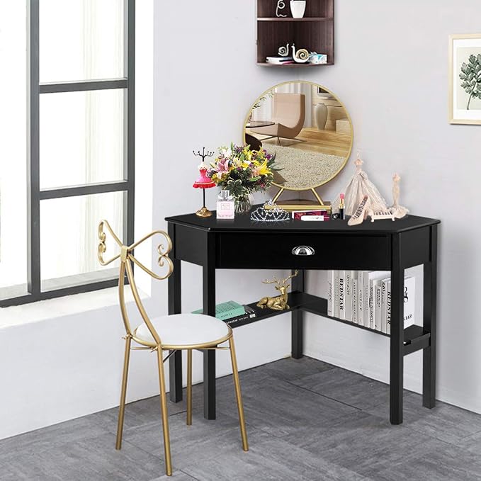 Corner Computer Desk, Space-Saving Corner Table with Drawer & Shelves, Home Office 90° Triangle Corner Workstation, Modern Makeup Vanity Table, Small Corner Desk for Small Spaces (Black)