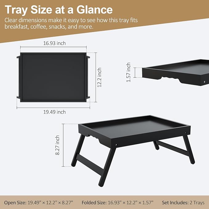 Large Breakfast Tray with Folding Legs Set of 2, 16.9" x 12.2" Bamboo Bed Tray Table with Ergonomic Wave Handles, Foldable TV Dinner Tray for Bed Couch Sofa, Breakfast, Laptop, Coffee, Black