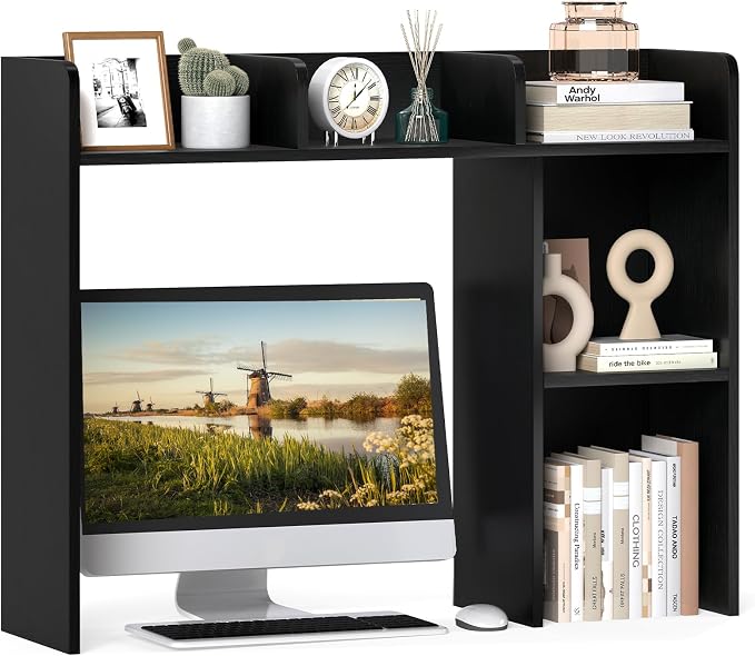 MAT EXPERT Desk Organizer, Wooden Desktop Shelf for 27 Inch Monitor with 5 Shelves & Non-Slip Foot Pads, Anti-Tipping Device, Multipurpose Desk Hutch for Study, Office, Dorm (Black)