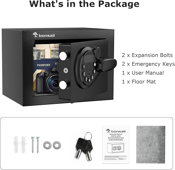 Bonsaii Safe Box with Electronic Keypad, Steel Security Lock Box with Key, 0.23 Cubic Feet, 9.06" W x 6.69" D x 6.69" H, Small Hidden Safe for Cash Jewelry