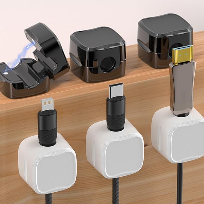 IFNOW 6 Pack Magnetic Cable Clips for Nightstand Black and White Self Adhesive Cord Holder Adjustable Clip for Desk, Nightstand, Phone Charger, Computer, Home, Office, Car