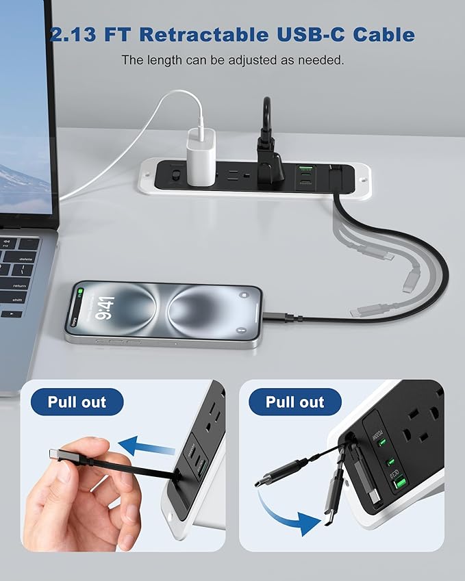 Recessed Power Strip with Retractable USB C Cable,2 PD 20W USB C,Flush Mount Countertop Drawer Outlet, Furniture Hidden Outlet for Side Table,End Table,3 Outlets (Black and White, 6FT-20W)
