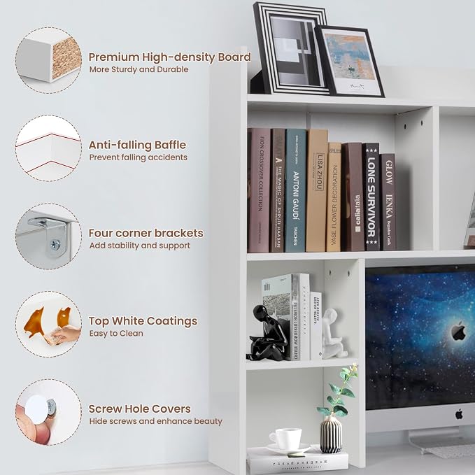 Desktop Bookshelf 36" Tall, White Desk Hutch for Dorm Computer Desk, 4-Tire Wood Desk Shelf Storage Organizer for Office Home