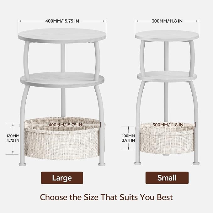 Round Side Table with Fabric Basket, Small Space Saving End Table 3-Tier Bedside Corner Table for Living Room, Bedroom, Garde Rustic Matte White 15.75in