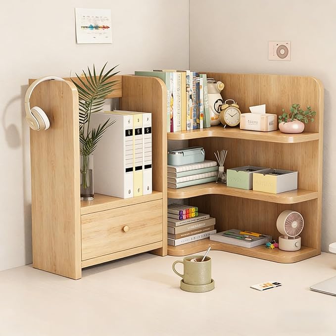 Desktop Shelf Organizer Corner Bookshelf, Computer Desktop Bookshelf Storage Rack for Desk Top, Wooden Desk Storage Hutch with Drawer, 3 Tier Desktop Organizer Shelf(Natural,60+50CM/23.6+19.7IN)