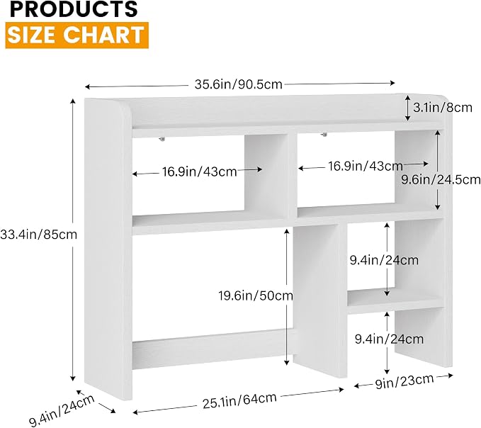 Desk Shelf, Desktop Hutch with 6 Storage Areas, Desktop Organizer Shelf with 27" Large Monitor Compartment, Multipurpose Wood Desktop Display Rack for Computer Desk, Dorm, Office, Home (White)