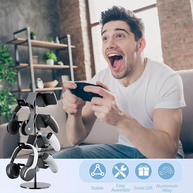 Controller Holder 4 Tier,Headphone Stand - Adjustable Headset Holder for Xbox PS5 PS4 Switch Pro - Gaming Accessories Storage for Gamer,Desk/Floor(Black)