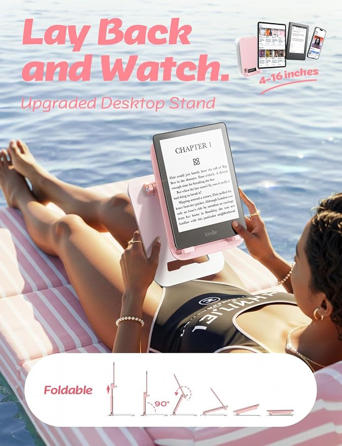 LISEN Tablet Stand for iPad Stand Holder Desk, Foldable eBook Readers Desk Accessories Fits Kindle 4-15.9" Pink