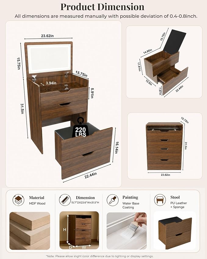 Small Vanity with Mirror and Lights for Small Space, 3-in-1 Compact Makeup Vanity Desk with Storage, Flip Top Vanity Table with Hidden Stool, 3 Color Mode, Drawers & Jewelry Organizer, Mini Vanity Set