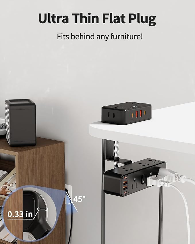 HOPOW Dual Layer Desk Clamp Power Strip with 13 AC Outlets 8 USB (4 USB C), Fit 2.75" Tabletop, Desktop Edge Mounted Surge Protector (1700J),10 Ft Extension Cord, Desk Outlet for Office Home, Black