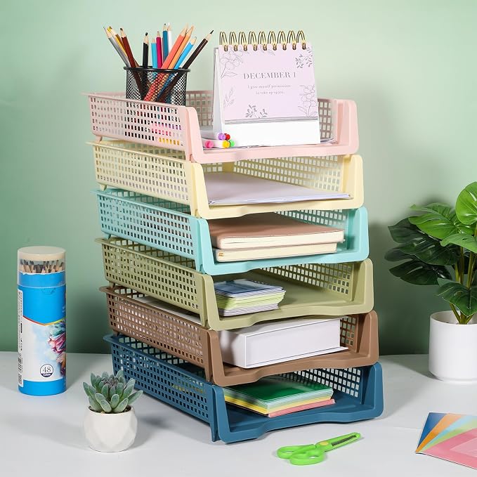 Set of 6 Boho Turn in Trays for Teachers Stackable Classroom Paper Letter Trays Plastic Classroom Desk Letter Organizer Tray Storage Baskets for Library, Drawers, Office, Home