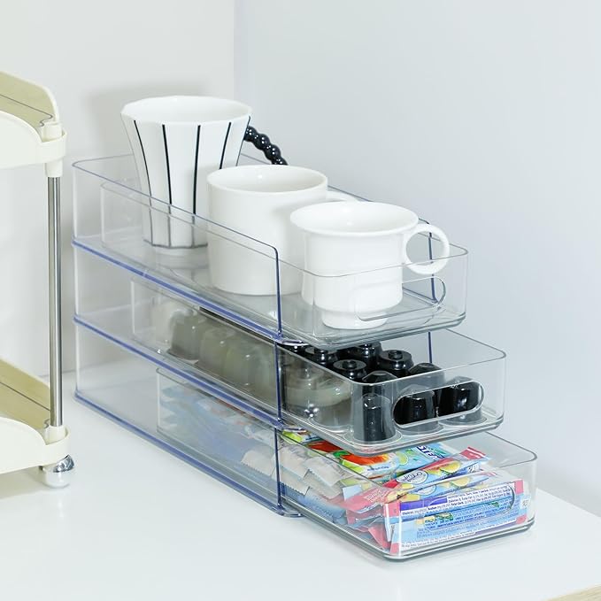 3 Tier Desk Drawer for Corner, Plastic Storage Organizer for Coffee Station, Under Sink, Bathroom Countertop and Kitchen Cabinet, Clear Stackable Pull Out Container, Short