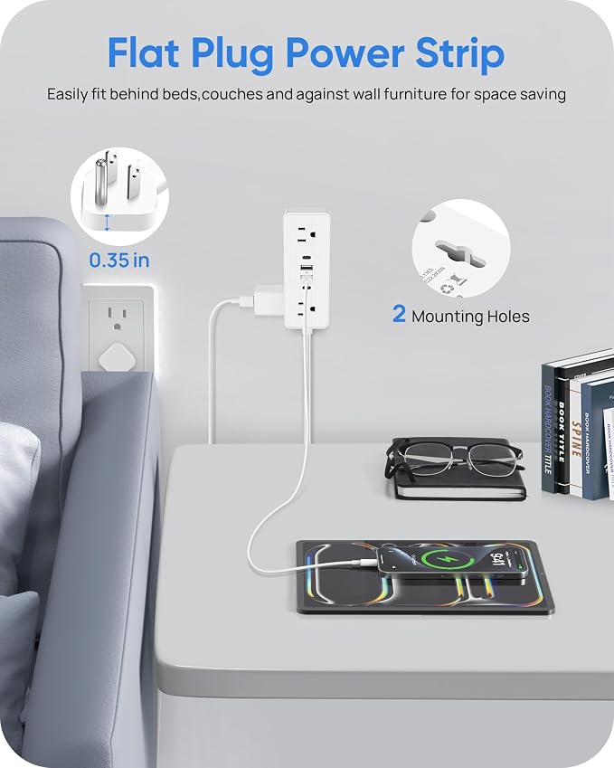 Electrical Outlet Extender Stick, Features 4 USB & 6 Outlets, 19in Flexible Extension Cord Access Hard-to-Reach Outlets, Wall Plug Power Socket Expander Nightstands Sofa Desk