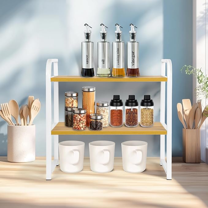 Desktop Shelf Organizer Office Desk Shelf for Top of Desk Wood & Metal Bookshelf Supplies Storage Rack (White&Walnut)