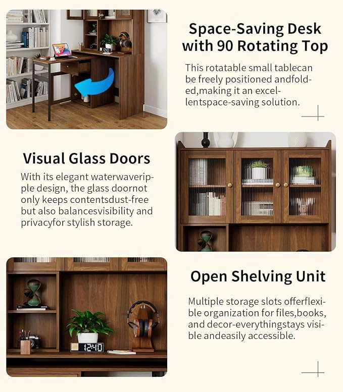 Computer Desk with Hutch and Rotating Desktop, Walnut Corner Study Desk with Glass Door Storage Cabinets and Fold Out Shelf for Home Office, Craft Cabinet with Fold Out Table (Walnut)