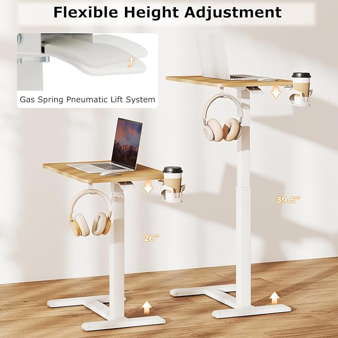 Tangkula Mobile Standing Desk, Pneumatic Height Adjustable Rolling Desk with Cup Holder & Headphone Hook, Overbed Table with Hidden Wheels, Laptop Computer Cart for Couch, Home, Office (Natural)