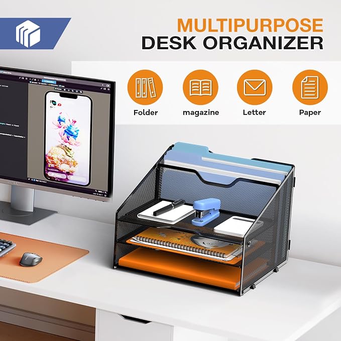 GAWERK Letter Tray Organizer, Mesh Desk File Organizer with 3 Paper Trays and 2 Vertical Upright Section (Purple)