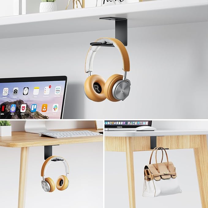 2Pack Heavy Duty Under Desk Headphone Stand, No Drill Mount with strong Adhesive Holder for AirPods Max, Sony, Bose & Gaming Headphones, Home Office Studio Dorm Organizer (H02F-2P-black)