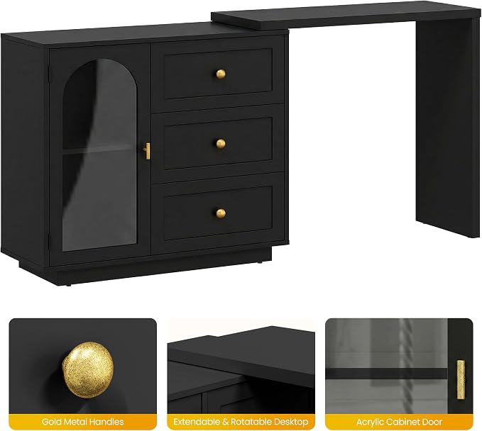FansaFurn 59" L-Shaped Vanity Table with 3 Drawers & 1 Door, Extendable Makeup Vanity Desk, Modern Dressing Table for Bedroom, Dressing Room, Black