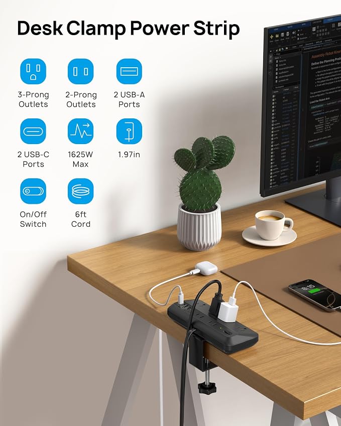 TROND 20W USB C Desk Clamp Power Strip - 1700J Surge Protector with 6 Outlets, Desktop Edge Mount Extension Cord, Fit 1.97" Tabletop, 6FT Flat Plug for Teacher Must Haves, Office, ETL List, Black