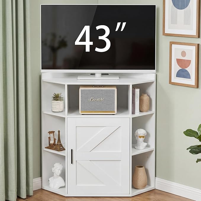VECELO Corner Storage Cabinet with Charging Station, 34" Shelf with Door & Adjustable Shelves, Organizer for Living Room, Office & Gaming Setup, Fits Monitors up to 43" TV, White